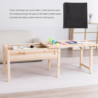 BIRASIL Wooden Kids Table with Storage, Sensory Tables with Folding Lid for Children, Elevated Activity Play Table for Indoor Outdoor, Natural Wood
