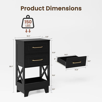 Tall Nightstand Set of 2 Side Table with 2 Drawers Modern Night Stand Wooden End Table Bedside Table with Below Open Shelf Solid Feet for Bedroom, Living Room, Black