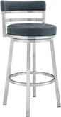 Armen Living Titana 26" Counter Height Swivel Blue Faux Leather and Brushed Stainless Steel Bar Stool