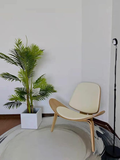 Hans Wegner Style Three- Legged Shell Chair Ash Plywood White Faux Leather Accent Chair Living Room Furniture Mid-Century Modern Shell Chair (Wood Color-White)