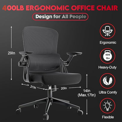 Big and Tall Ergonomic Office Chair，400LB Comfy Desk Chairs with Lumbar Back Support, Heavy Duty Mesh Computer Chairs with Wheels and Arms Comfortable for Home Office, Study, Bedroom