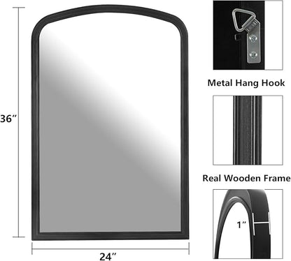 HOMECOOKIN Wood Arched Mirror for Bathroom, 24" x 36" Farmhouse Rustic Arched Wall Mirror Wood Framed Vanity Mirror for Home Decor Entryway Living Room (Black)