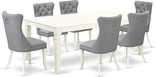 East West Furniture LGDA7-LWH-27 7 Piece Dining Set Includes a Rectangle Kitchen Table with Butterfly Leaf and 6 Polyester Fabric Parson Chairs, 42x84 Inch, linen white