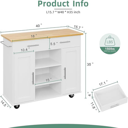 Shintenchi Kitchen Island with Storage, Kitchen Island Cart on Wheels with 3 Open Shelves, 2 Drawers and 2 Cabinets, Rolling Kitchen Table with Large Countertop, White