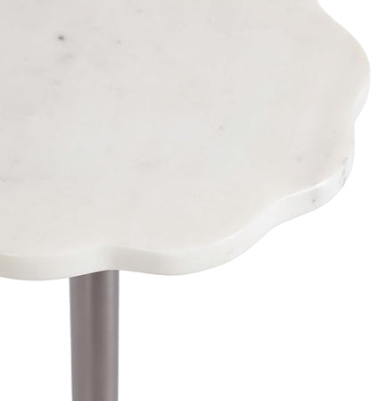Kate and Laurel Sanzo Modern Pedestal Drink Table, 10 x 10 x 23, White Marble and Silver, Decorative End Table with Scalloped Marble Tabletop for Use as Small Plant Stand or Cute Martini Table