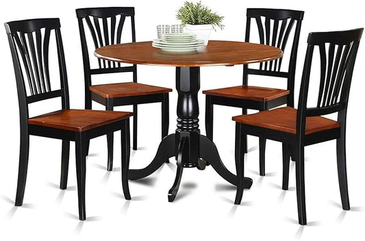 East West Furniture DLAV5-BLK-W 5 Piece Dining Set Includes a Round Dining Room Table with Dropleaf and 4 Kitchen Chairs, 42x42 Inch, Black & Cherry