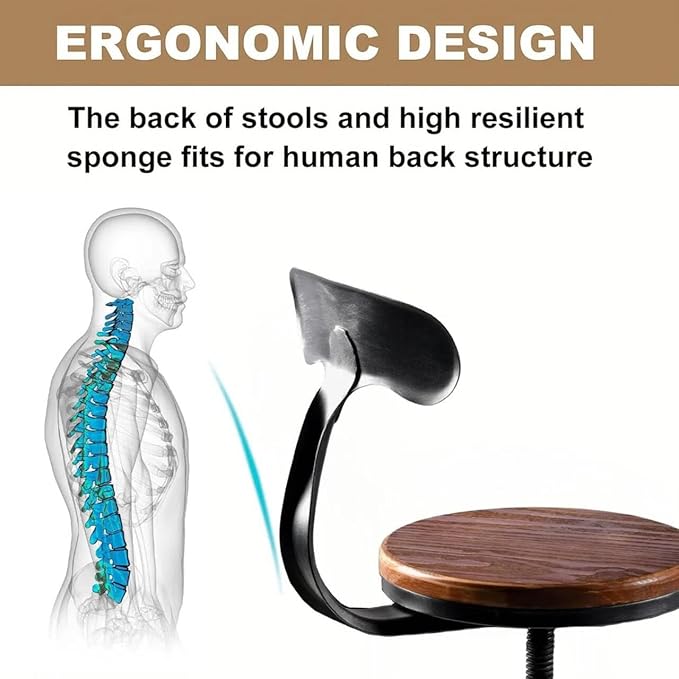 Diwhy Industrial Vintage Bar Stool, Kitchen Counter Height Adjustable Pipe Chair, Cast Iron Stool, Swivel Bar Stool with Backrest, Silver, Fully Welded Set of 2 Brown Wood Seat