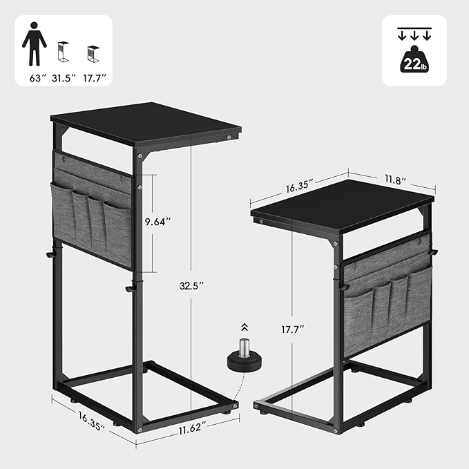 Vagusicc C Shaped End Table, Set of 2 Tall Side Table for Couch, Adjustable Height Small Couch Side Table for Small Spaces, End Table Slide Under Sofa Table TV Tray Arm Table for Living Room, Black