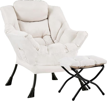 Lazy Chair with Ottoman, Large Modern Lounge Accent Chair with Armrests and Footrest, Reading Armchair with Ottoman, Leisure Sofa Chair for Living Room, Bedroom, Dorm Room, Office（Beige）