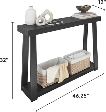 Plank+Beam Solid Wood Console Table with Storage, 46.25 Inch, Sofa Table with Shelf, Narrow Entryway Table for Hallway, Behind The Couch, Living Room, Foyer, Easy Assembly, Black