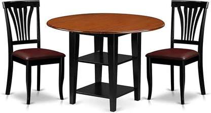 East West Furniture SUAV3-BCH-LC 3 Piece Dining Table Set Contains a Round Dining Room Table with Dropleaf & Shelves and 2 Faux Leather Upholstered Chairs, 42x42 Inch, Black & Cherry
