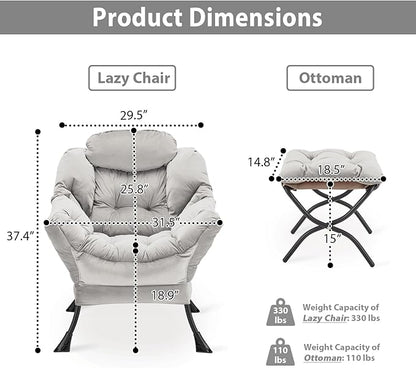 Lazy Chair with Folding Ottoman, Accent Chair Velvet Upholstered with Metal Structure and Non-Slip Pads, Sofa Armchair with Footrest and Side Storage Bag for Dorm, Room, Office, Light Gray