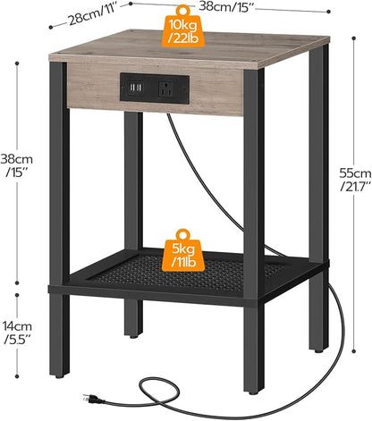 HOOBRO Side Table with Charging Station, End Table with USB Ports and Outlet, Nightstand with Storage Shelf, Faux Rattan Decoration, for Living Room, Bedroom, Greige and Black BG91UBZ01