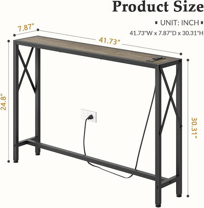 41.7" Console Table, Narrow Behind The Couch Table with Outlet, Industrial Skinny Sofa Table for Hallway, Entryway, Living Room,Walnut