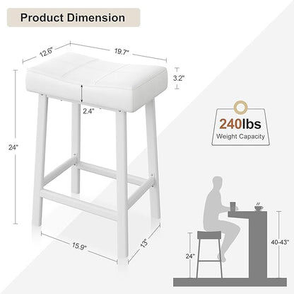 GarveeHome Counter Height Bar Stools Set of 2, 24 Inch Barstools for Kitchen Island Counter, Upholstered Padded Saddle Chairs with Curved Cushion, Easy Assembly, White
