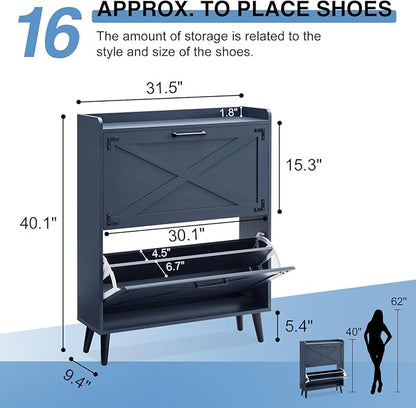 Shoe Storage Cabinet,Farmhouse Shoe Organizer with 2 Flip Drawers & Barn Door Design,Freestanding Hidden Slim Narrow Shoe Rack Cabinet for Entryway,Foyer,Hallway,Blue
