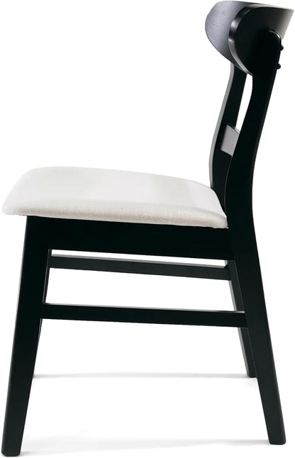 Set of 2 Solid Wood Dining Chairs, Fabric Upholstered Seat Mid-Century Modern Kitchen Furniture for Living Room, Light Beige+Black