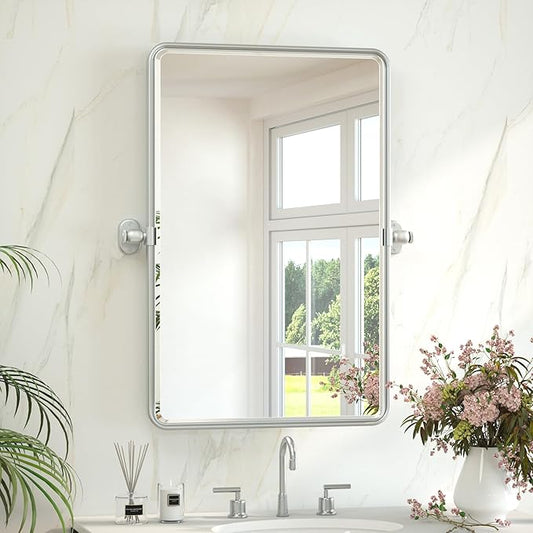 Keonjinn 20 x 30 Inch Tilt Mirror Bathroom, Satin Nickel Metal Pivot Mirror for Bathroom, Silver Beveled Fixed Tilt Mirrors for Over Sink, Modern Tilting Mirrors Wall Mounted (Horizontal/Vertical)