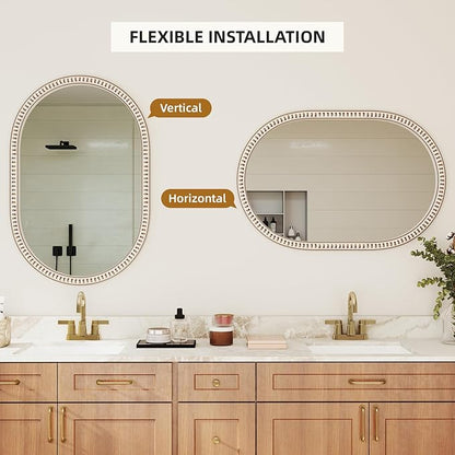 Wooden Oval Wall Mirror with Beads, 24x36 Inches Rustic Farmhouse Decorative Mirror for Entryway, Fireplace, Living Room, Hallway, Bathroom