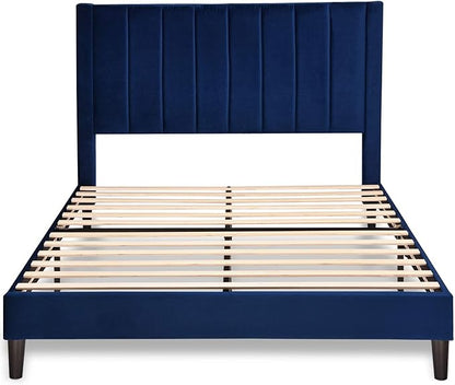 SHA CERLIN Queen Bed Frame/Velvet Upholstered Platform Bed Frame with Headboard/Strong Wood Slats Support/Mattress Foundation/No Box Spring Needed - Dark Blue