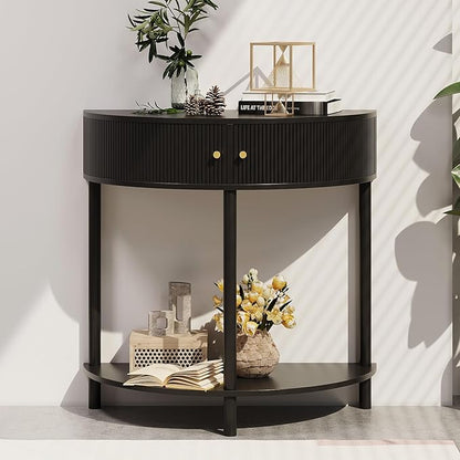 Fluted Half Moon Console Table 2 Tier Narrow Entryway Table with Storage for Small Space Modern Wood Sofa Table with Doors and Gold Knobs Boho Home Decor