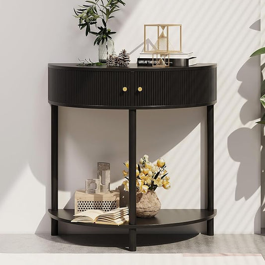 Fluted Half Moon Console Table 2 Tier Narrow Entryway Table with Storage for Small Space Modern Wood Sofa Table with Doors and Gold Knobs Boho Home Decor