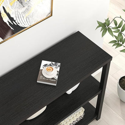 FOLUBAN Entryway Table, Modern Sofa Console Table with 3 Tier Storage Shelf for Living Room Hallway Foyer, Industrial Black Oak