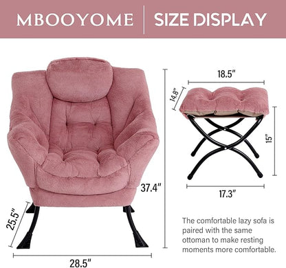 Lazy Chair with Folding Ottoman, Modern Accent Lounge Armchair with Armrests and a Side Pocket & Foldable Footstool, Leisure Reading Chair for Living Room, Bedroom & Dorm, Plush Dark Pink