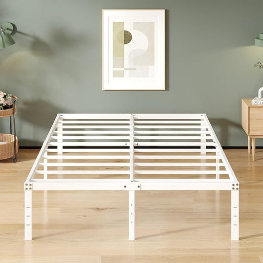 16 Inch White Full Size Bed Frame No Box Spring Need, Metal Platform Full Bed Frames with High Storage, Eassy Assembly 3,500 lbs Heavy Duty Bedframes
