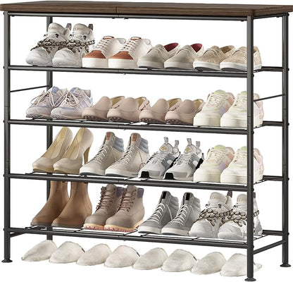 Shoe Rack Organizer 5 Tier for Closet Entryway Free Standing Metal Storage Shoe Shelf with MDF Top Board，Black+Rustic Brown