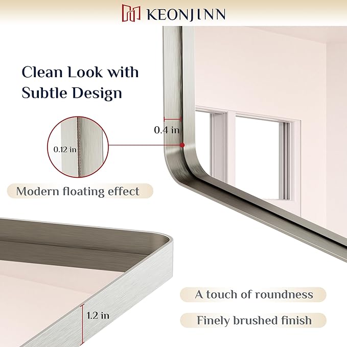 Keonjinn 55 x 36 Brushed Nickel Bathroom Mirrors for Over Sink, Large Rounded Rectangle Bathroom Vanity Mirror, Modern Decorative Silver Mirror, HD Tempered Glass Wall Mirror(Horizontal/Vertical)