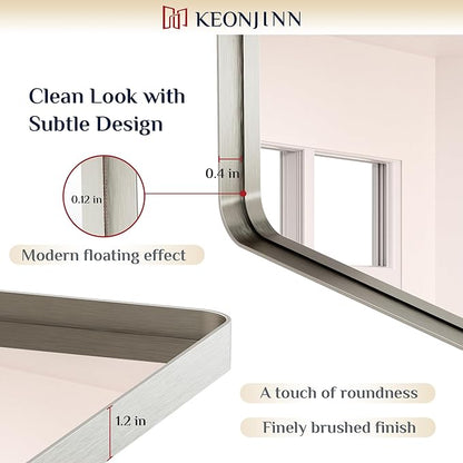 Keonjinn 48 x 30 Brushed Nickel Bathroom Mirrors for Over Sink, Large Rounded Rectangle Bathroom Vanity Mirror, Modern Decorative Silver Mirror, HD Tempered Glass Wall Mirror(Horizontal/Vertical)