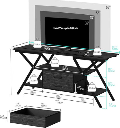 TV Stand with Power Outlet and LED Lights, Fits TVs up to 65”, 2 Fabric Drawers Entertainment Center with Open Storage Shelves, Media Console for Living Room, Bedroom (Charcoal Black)