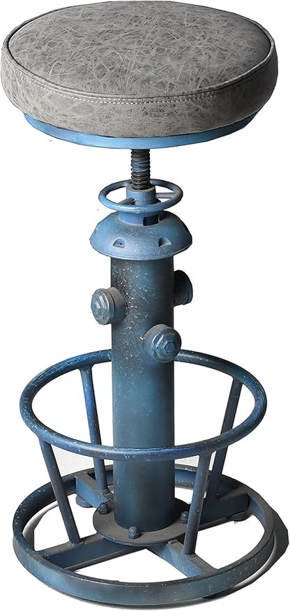 Topower American Antique Industrial Round Bottom Adjustable Height Cafe Coffee Retro Vintage Stylish Water Pipe Design Pub Kitchen Bar Stool (Antique Blue, PU Leather Top)