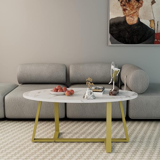 Coffee Table White Faux Marble Coffee Table for Living Room,Oval Center Tables Modern Tea Table for Small Space,Wooden Living Room Tables End Table with Sturdy Gold Metal Leg