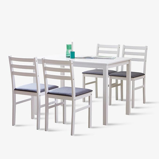 Livinia Seattle 5-Piece Wooden Dining Table Set for 4, Modern Farmhouse Kitchen Dining Room Set with Solid Wood Ladder Back Chairs for Small Space (White)