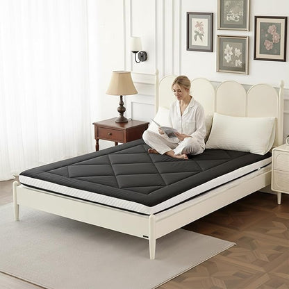 Welnow Japanese Futon Floor Mattress, Thick Queen Size Tatami Mat Portable & Foldable Roll Up Floor Bed Mattress with Storage Bag, Sleeping Pad for Adults, Dorm, Guest Bed, Camping and Travel, Black