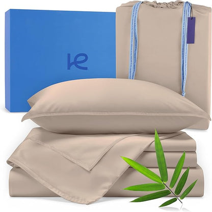 Kickoff Viscose Bamboo Sheets Queen Size 4-pc 100% Organic Bamboo Viscose Bed Cooling Sheets Queen Size Set Cool Bedding for hot Sleepers Sheet, Flat, Fitted, Pillowcases (Iced Latte, Q)