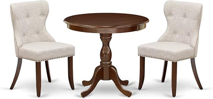 East West Furniture AMSI3-MAH-35 3 Piece Dining Room Table Set Contains a Round Kitchen Table with Pedestal and 2 Doeskin Linen Fabric Parson Dining Chairs, 36x36 Inch, Mahogany