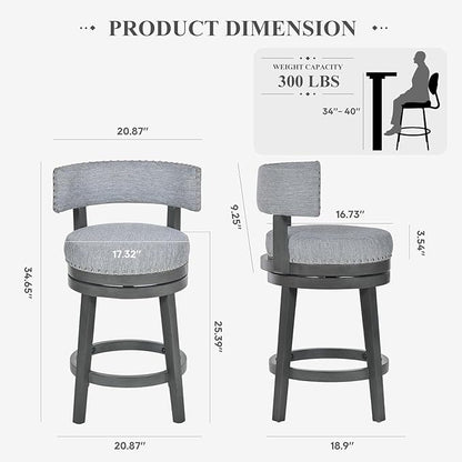 COLAMY Swivel Counter Height Bar Stools Set of 4, 25 Inch Modern Upholstered Kitchen Island Barstools with Back, Wood Swivel Bar Chairs for Counter Bar Dining Room, Grey