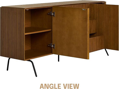 NTC Veil Sideboard with 2 Doors and 3 Drawers, Buffet Cabinet with Vertical Groove Design and Metal Legs, Storage Cabinet for Living Room, and Entryway, Effortless Assembly - Rustic Oak