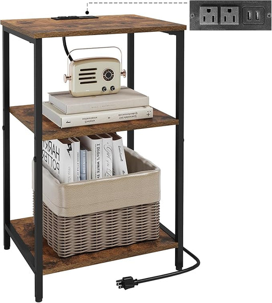 X-cosrack Side Table with Charging Station, End Table with USB Ports and Outlets, Nightstand with Storage Shelves for Small Space, Sofa Couch Table Bedside Table for Living Room Bedroom