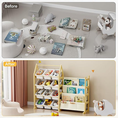 Wooden Toy Storage Organizer Kids Bookshelf, with 12 Toy Organizer Bins, Child Book Shelf for Kids Rooms, Nursery, Baby Room, Playroom, Montessori Toys Storage Organizers Rack Bookcase Shelves