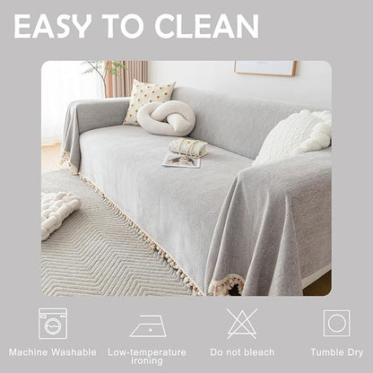 HANDONTIME Grey Sofa Cover for 3 Seat Couch - Dog Resistant, Light Grey, 91" X134", Tassel Chenille Herringbone