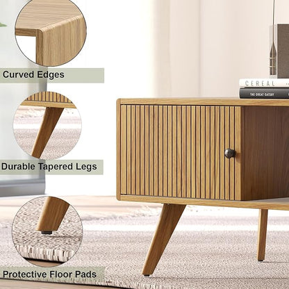 Mid Century Modern Coffee Table with Storage, Light Oak Wood Center Table with Cabinet & Open Shelf, Retro Cocktail Table for Living Room and Small Spaces