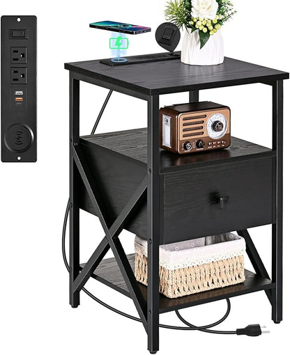 End Table with Wireless Charging Station, Black Side Tables Living Room with Outlet, End Table with Wood Drawer, Night Stand with Storage for Bedroom, Bedside Tables