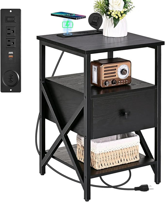 End Table with Wireless Charging Station, Black Side Tables Living Room with Outlet, End Table with Wood Drawer, Night Stand with Storage for Bedroom, Bedside Tables