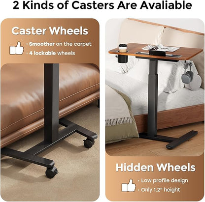 Mobile Standing Desk with Drawer, 28" Rolling Desk with Cup Holder and Hooks, Portable Laptop Workstation on Wheels, Height Adjustable Cart with Storage for Home Office, Dark Wood