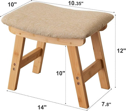 Foot Stool,Ottoman,Bamboo Small Sofa Foot Rest Under Desk,Extra Seating for Living Room, Bedroom and Kitchen (Natural Stool Legs - Beige Surface)