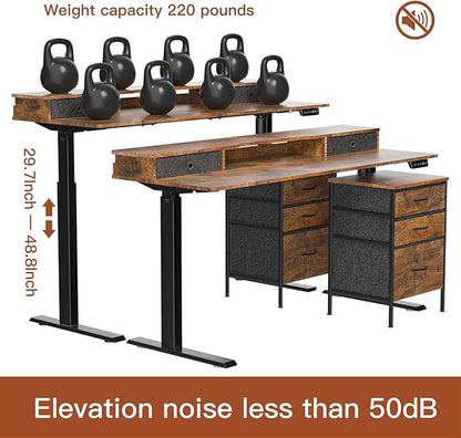 63 Inch Electric Standing Desk with Cabinet & Drawers, Height Adjustable Sit Stand Desk with Monitor Shelf, Smart Home Office Standing Computer Desk, Rustic Brown